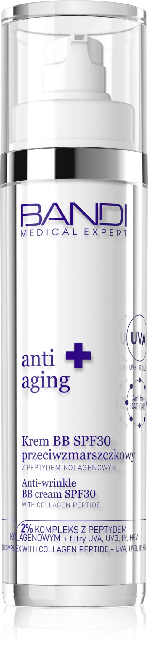A white pump bottle with purple text labeled 'BAND' and 'anti aging' for skin care, with SPF 30.