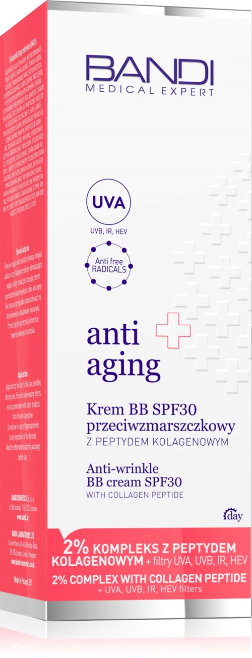 A white and pink box promoting anti-aging BB cream with SPF 30, collagen, and UVA protection features.