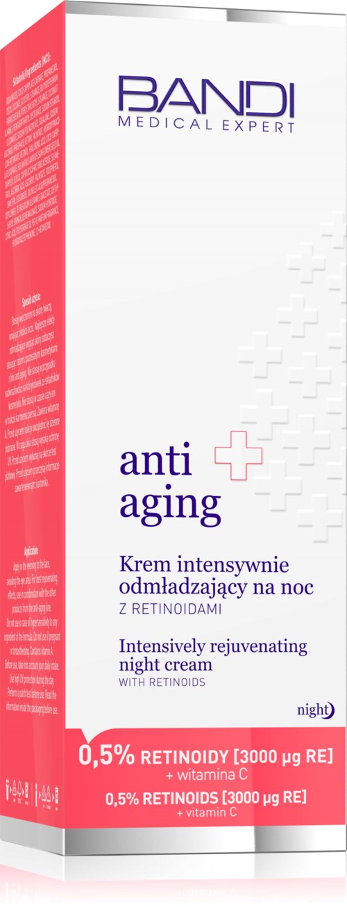 En vit förpackning med lila och rosa text som marknadsför anti-aging nattkräm med retinol och C-vitamin.
