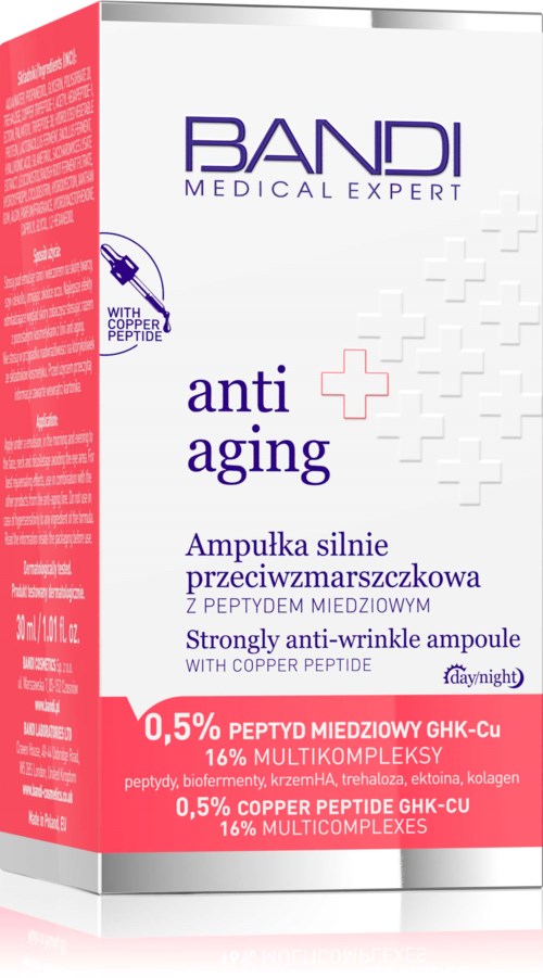 Opakowanie to czerwono-biały kartonik na Bandi Anti-Aging Ampoule z peptydem miedzi. Wspomina o silnym działaniu przeciwzmarszczkowym.