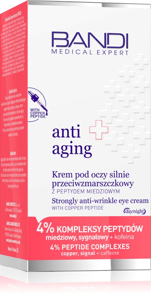 A box of eye cream with anti-aging and wrinkle-reducing features, contains copper peptides and caffeine, 4% peptide complexes.