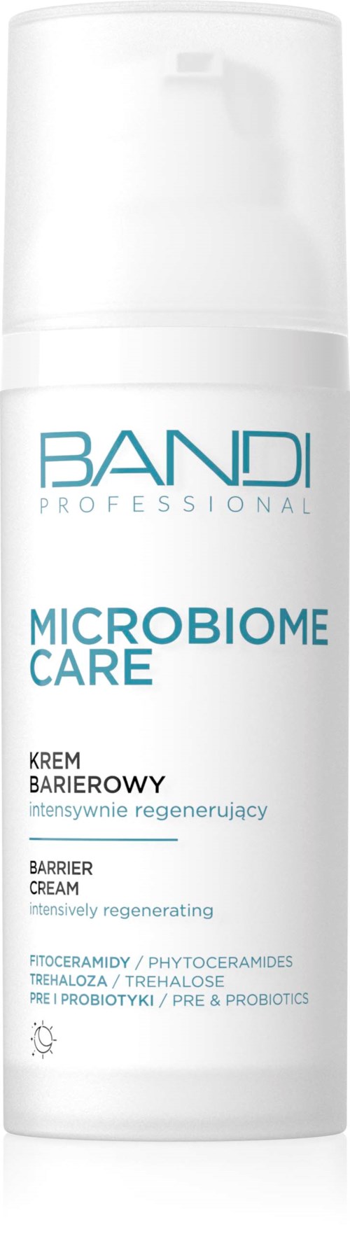 En vit flaska med blå text som säger 'Bandi Microbiome Care' och 'Barrier Cream' för hudskydd och regenerering.