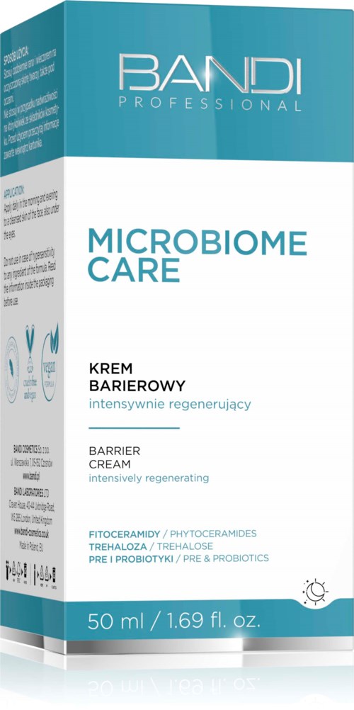 En blåvit förpackning med namnet Microbiome Care barriärkräm, 50 ml, för hudläkning och förnyelse.