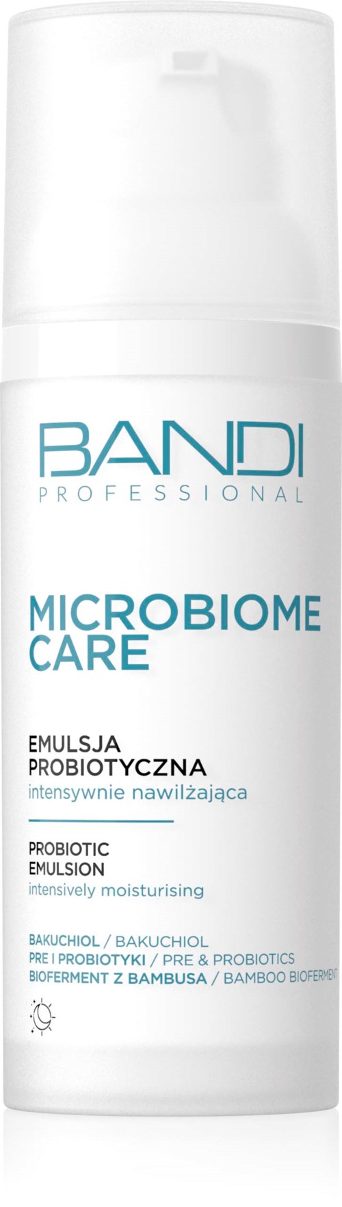 En vit flaska märkt 'BANDI PROfESSIONAL MICROBIOME CARE' med blå logo och text, huvudsakligen för hudvård.