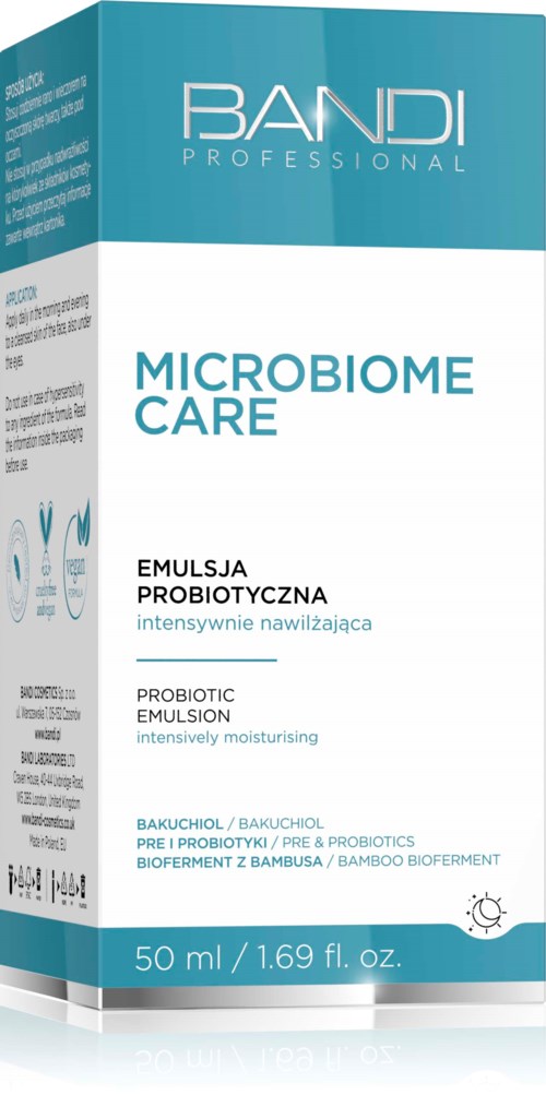 En låda med probiotic-emulsion för hudvård, med blå och vit förpackning, 50 ml, avsedd för återfuktning.