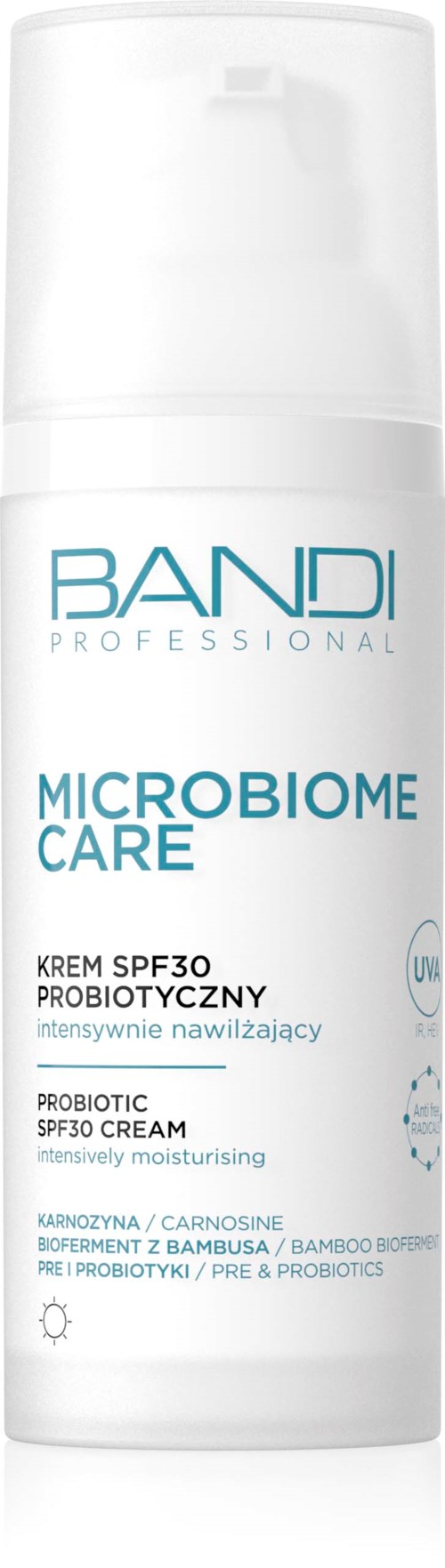 Valkoinen pyöreä pullo, jossa on sinistä ja mustaa tekstiä, etiketti 'Microbiome Care,' SPF 30, probioottinen kosteusvoide.