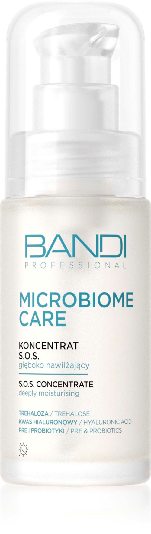 En vit flaska med pump, märkt 'Bandi Professional Microbiome Care, S.O.S. Concentrate,' för djup återfuktning med probiotika.