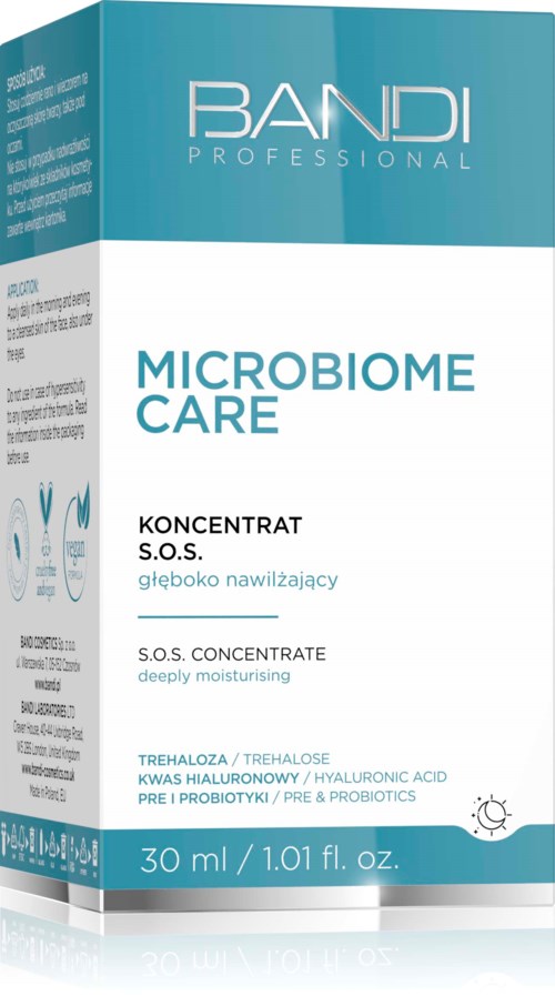 En blå och vit förpackning av mikrobiomvård serum, märkt som djupt återfuktande med probiotika och hyaluronsyra.