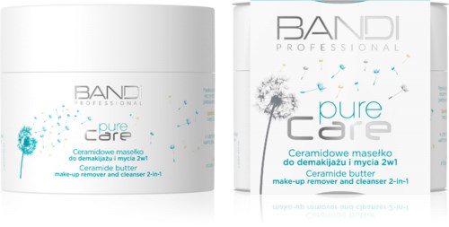 Två vita behållare med blå och grå text, visar en maskros och bubblor, för make-up remover och rengöring.