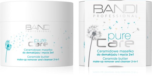 Två vita burkar med keramiskt smör för makeupborttagning och rengöring, med varumärket BAND och produkten "pure care".