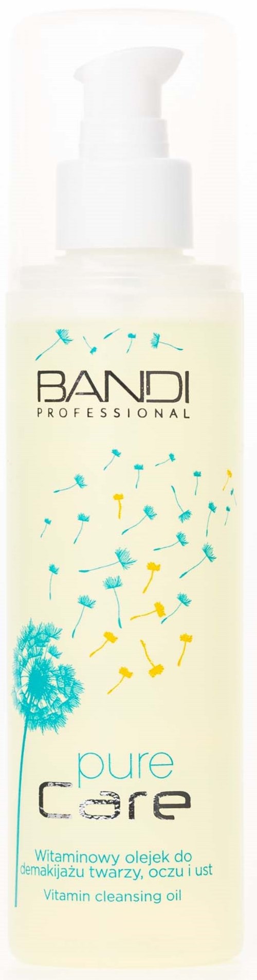 Butelka Bandi Professional Pure Care olejek oczyszczający z witaminami do twarzy, oczu i uszu z rozpylaczem. Niebieski i żółty design.