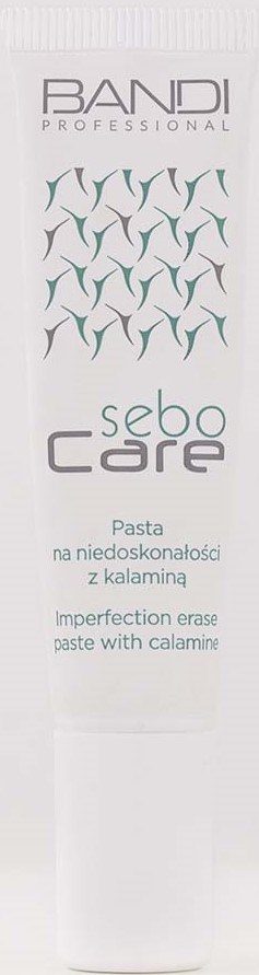 Valkoinen putki Merkillä 'Bandi Professional Sebo Care' ja luonnosta inspiroituva muotoilu. Se poistaa iho-ongelmia kalamiinilla.