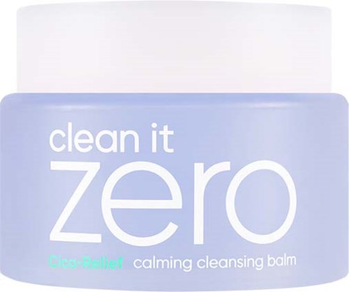 En beroligende rensende balm ved navn 'clean it zero' fra Circa-Relief. Krukken er lyse lilla og hvit.