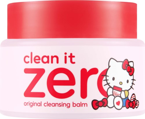 A Hello Kitty character sits with a red bow on its head next to a container labeled 'clean it zero' cleansing balm.