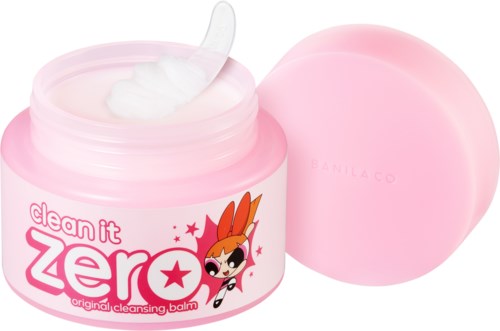 A pink jar of cleaning balm called 'clean it zero' with a lid off, showing a spatula inside.