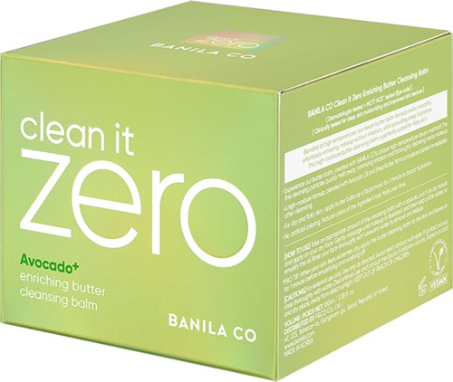 Grön box från Banila Co Clean It Zero Avocado rengöringsbalm med text och logotyper.