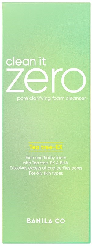 Grön förpackning märkt 'Clean it zero' och 'Banila Co'. Innehåller skumrengöring för fet hud med tea tree och BHA.