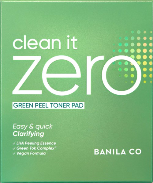 Grön förpackning för Banila Co:s peeling toner pads med produktinformation och fördelar.