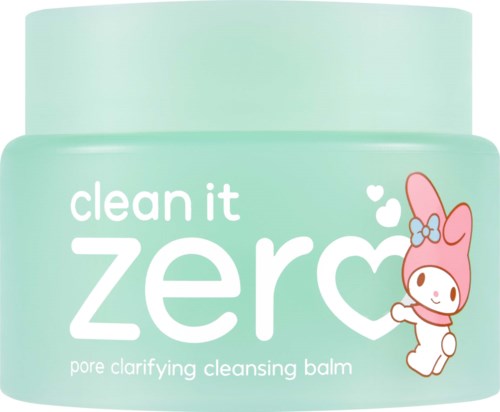 A light green jar of skin cleansing balm with a cute cartoon character and playful text.