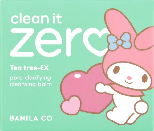 A green product box features a cute cartoon bunny character holding a pink heart and a bag. It is a pore cleansing balm.