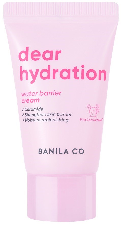 Różowa tubka kremu Dear Hydration, z tekstem i logiem, przez Banila Co.