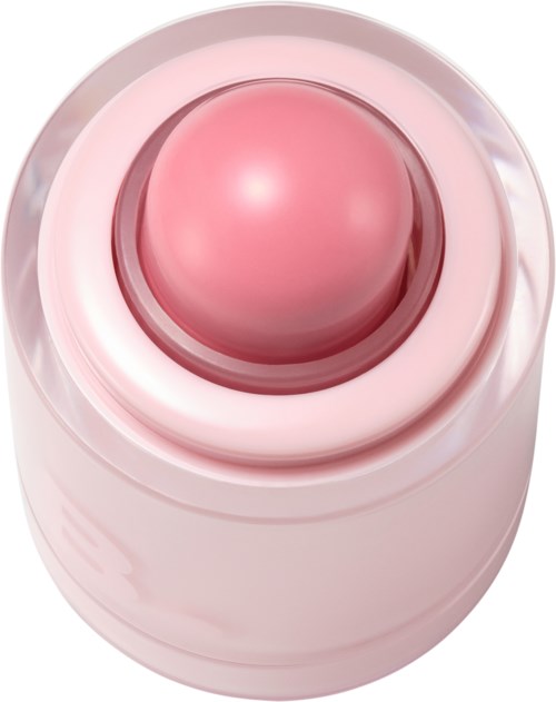 Ett rosa, runt skönhets- eller makeupprodukt i en behållare med en glänsande yta.
