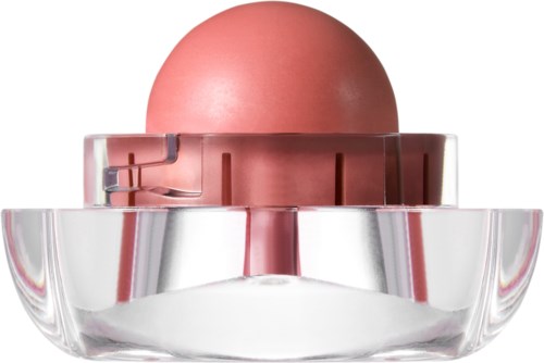 En rund makeupborste i ett klart plastställ med rosa accenter. Borsten är brunsvart och har en slät yta.