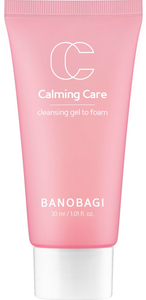 Vaalenpinkki putkilasi, jossa valkoinen teksti "Calming Care," sisältää puhdistusgeelin vaahtoon Banobagilta, 30 ml.