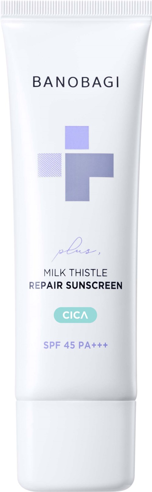 A white tube sunscreen labeled Banobagi Milk Thistle with SPF 45 and PA++++, featuring purple and blue geometric shapes.