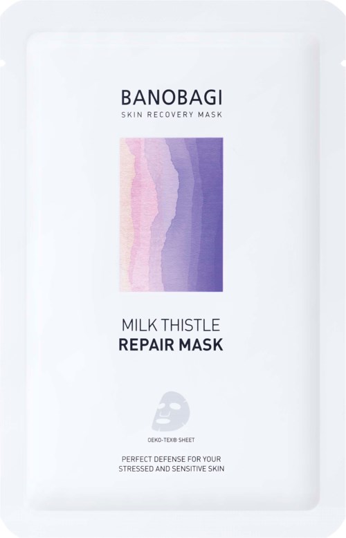 Valkoisessa kasvomaskapakkauksessa on etiketti, jossa lukee Banobagi Milk Thistle Repair Mask, ja siinä on violetti ja vaaleanpunainen abstrakti design ja teksti.