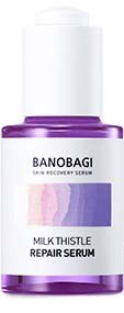 En lila och vit flaska med Banobagi Milk Thistle Repair Serum, med pump.