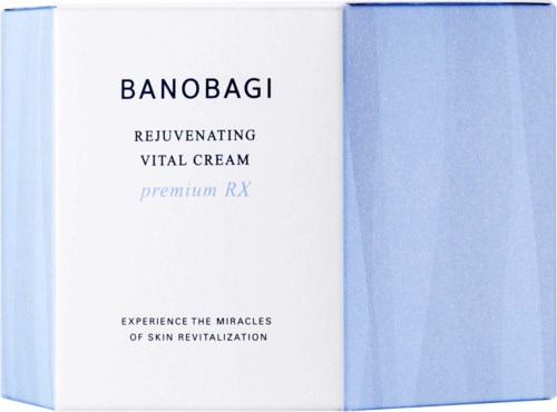 Banobagi Rejuvenating Vital Cream w białym i niebieskim opakowaniu. Tekst podkreśla jej wysoką jakość i korzyści dla skóry.