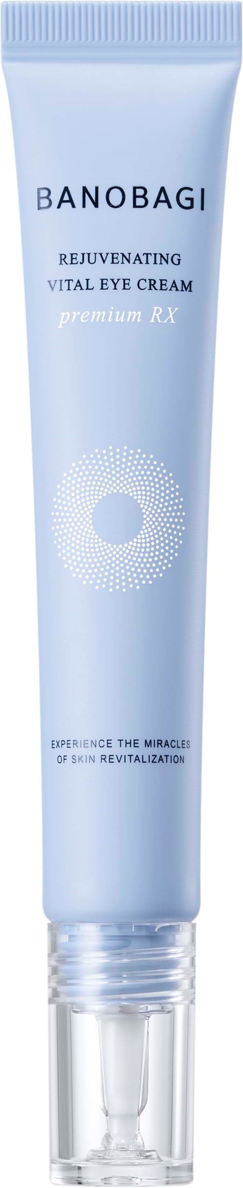 A white tube of eye cream labeled 'BANOBAGI' and 'Rejuvenating Vital Eye Cream'.