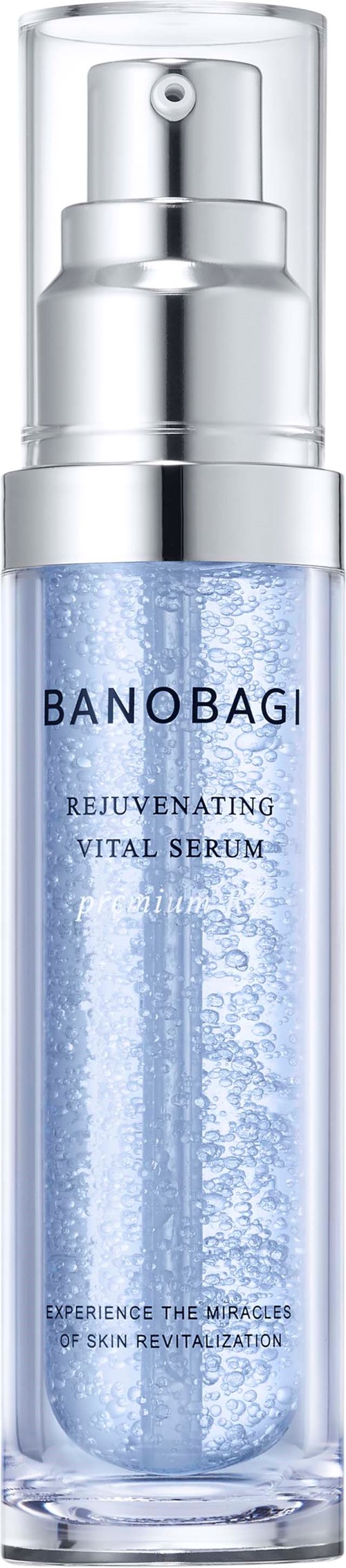 A clear bottle with a blue serum inside, labeled Banobagi Rejuvenating Vital Serum, with a silver pump.