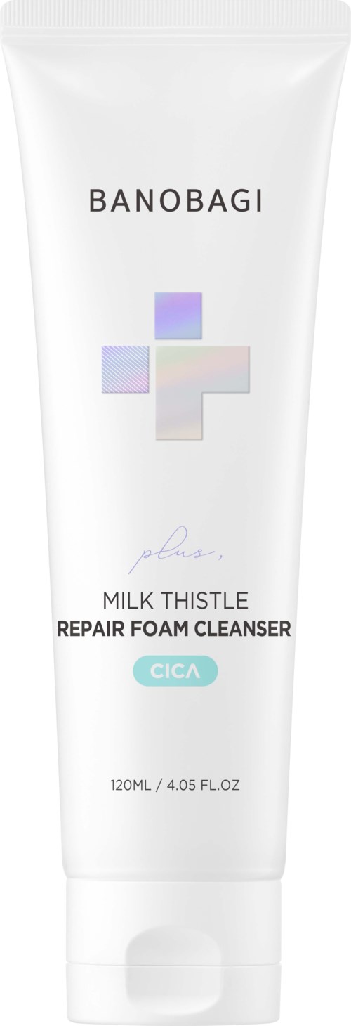 Biała tubka Banobagi Milk Thistle Repair Foam Cleanser z pastelowym geometrycznym wzorem i tekstem.