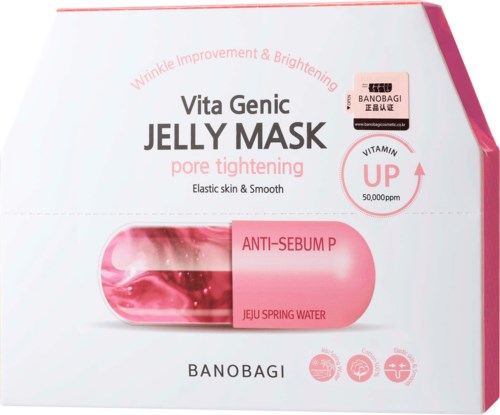 En box med Vita Genic Jelly Mask för porförstärkning med vitaminer och vårvatten, som främjar jämn och elastisk hud.