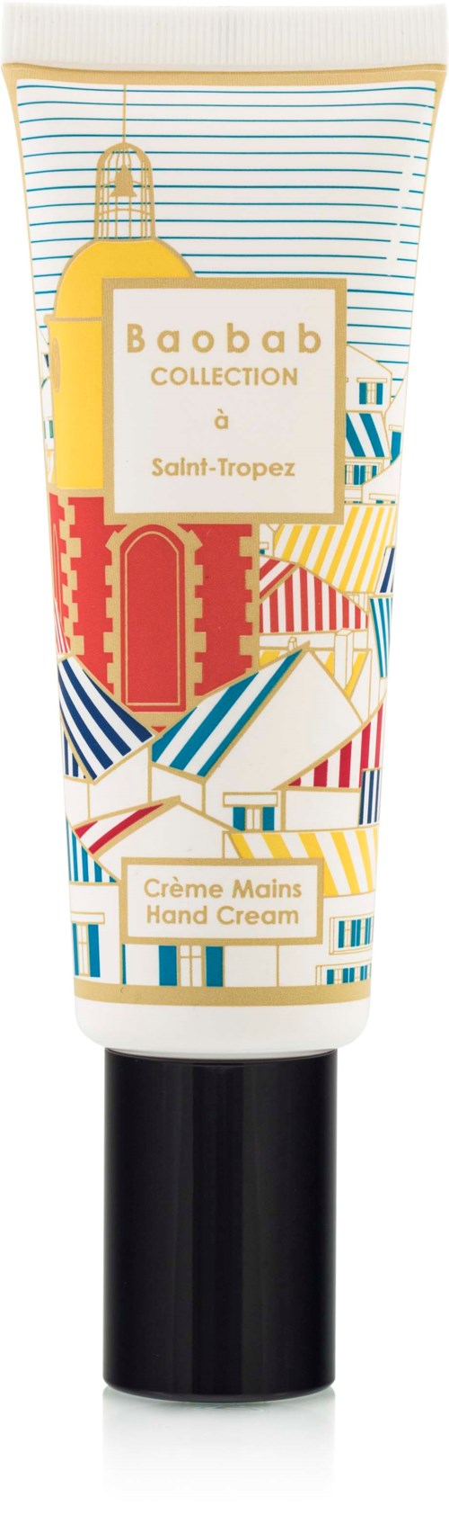 En tube håndcreme med farverige illustrationer og tekst, mærket 'Baobab Collection Saint-Tropez' og 'Crème Mains Hand Cream.'