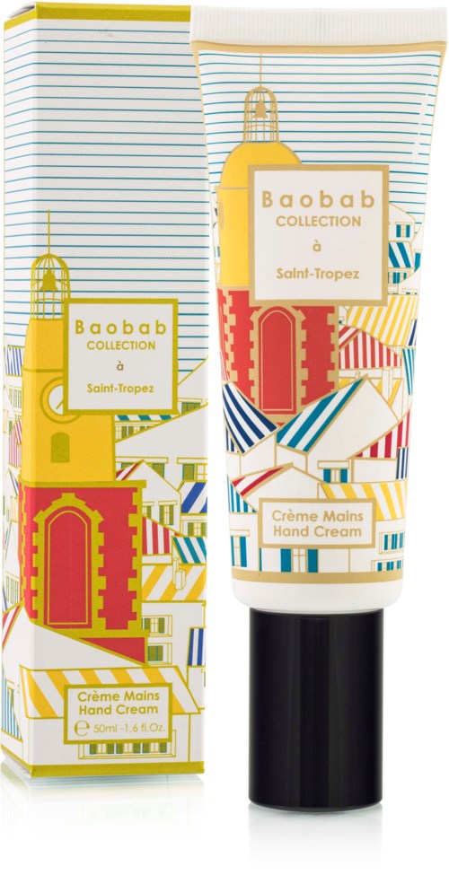 En tube og æske med Baobab Collection Saint-Tropez håndcreme med farverige bygningsillustrationer.