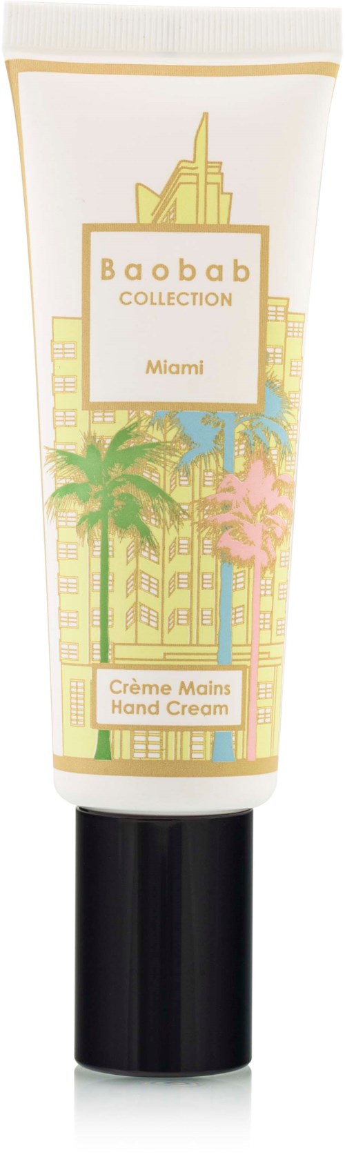 A tube of hand cream from Baobab Collection Miami, with illustrations of palm trees and buildings in yellow, green, pink.