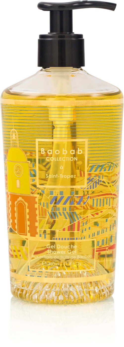 A clear bottle with yellow liquid, pump at top, decorated with colorful illustrations of buildings and patterns.