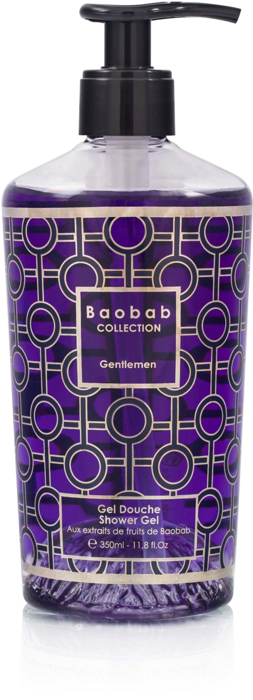 A clear shower gel bottle with purple and black geometric patterns and a pump top. Label says 'Baobab Collection Gentlemen' and 'Shower Gel.'