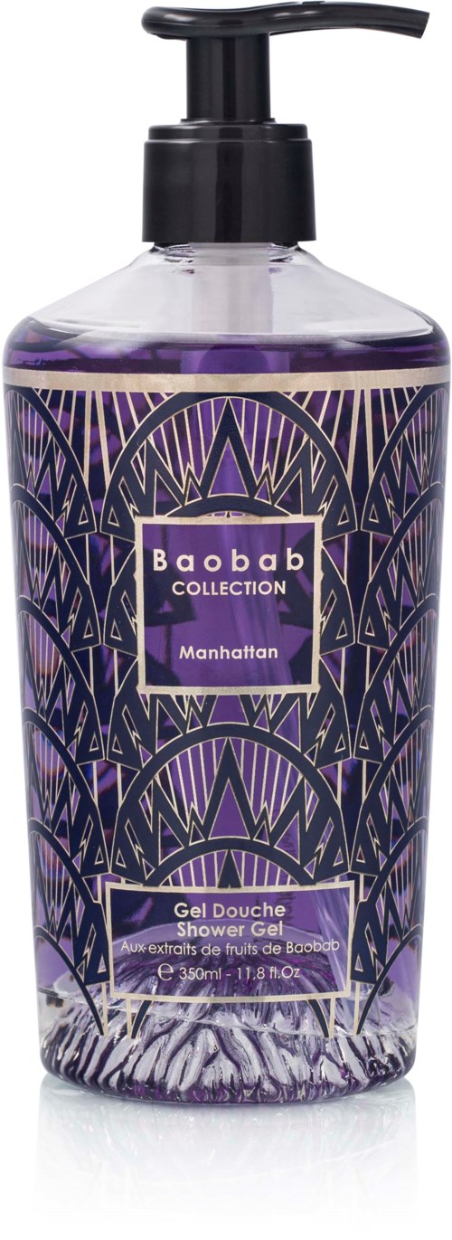 A purple shower gel bottle with black pump and an elegant geometric design, labeled 'Baobab Collection Manhattan' and 'Gel Douche'.