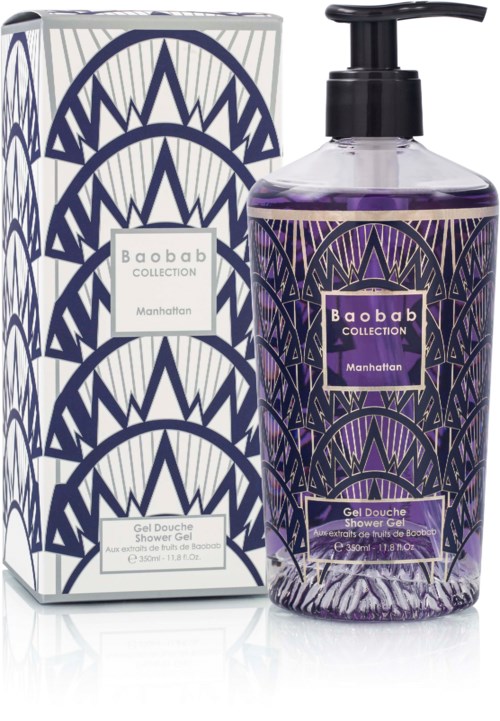 A shower gel bottle with purple designs and a matching box from Baobab Collection, called Manhattan.