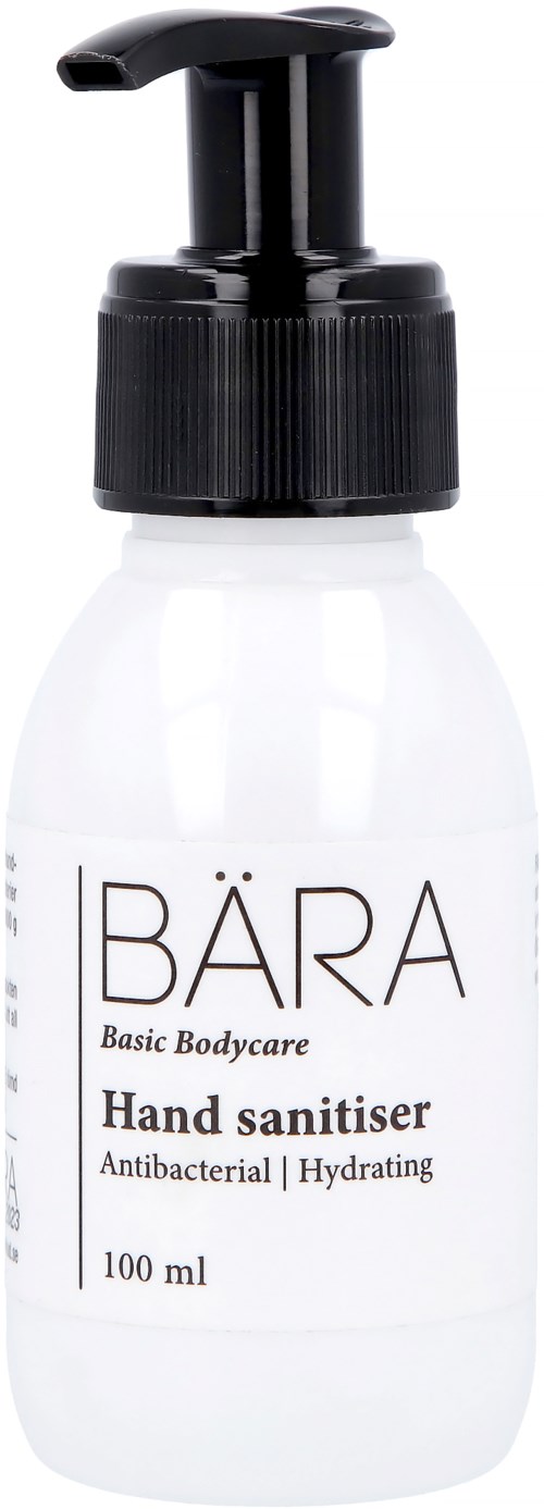 En vit flaska med svart pump märkt BÄRA Hand sanitizer, antibakteriell och återfuktande, 100 ml.