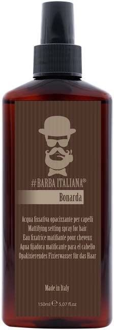 A brown spray bottle with a black cap and a label featuring a stylized man with a beard and hat.
