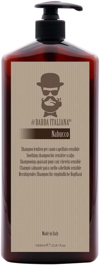 En mørk brun sjampo flaske med svart pumpe, med en logo av en mann med hatt og skjegg og italiensk tekst.