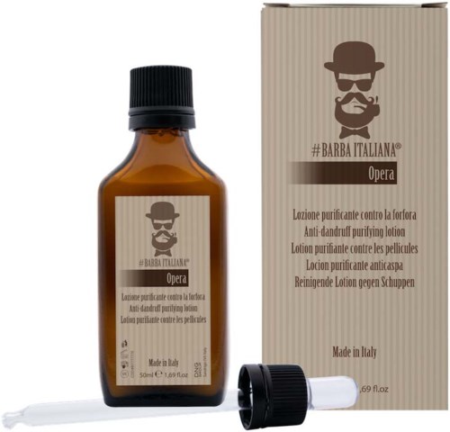 En brun flaska och box med 'Barba Italiana Opera' anti-torrrasöringslotion, med en pipett.