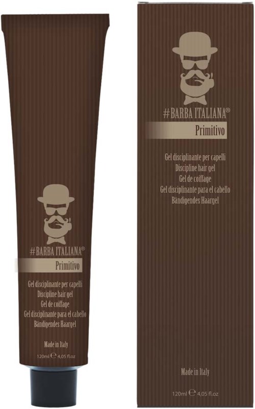 En brun tube og æske med en logo af et mandsansigt med hat og briller, mærket '#BARBA ITALIANA' og 'Primitivo'.