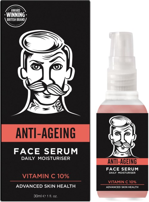 En flaska och låda för ansiktsserum med en tecknad man och orden "Anti-Ageing" och "Vitamin C 10%."