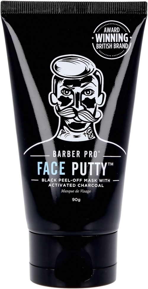 En svart tube Barber Pro Face Putty med en bild av en man med mustasch och text som visar att det är en ansiktsmask.